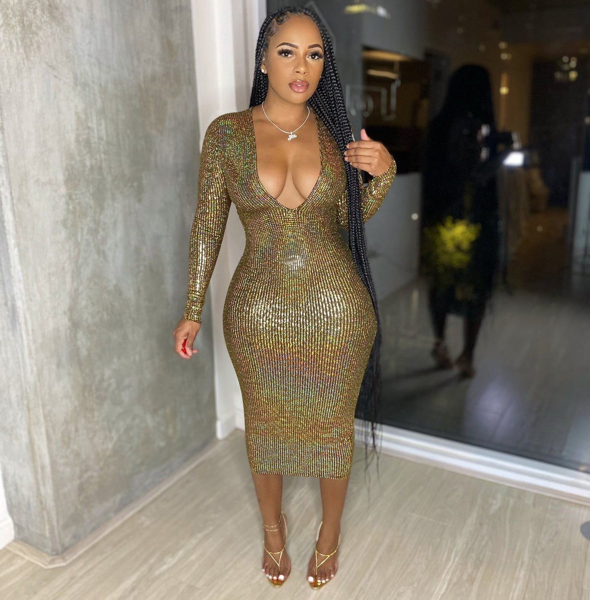 Women's Deep-V Metallic Evening Dress