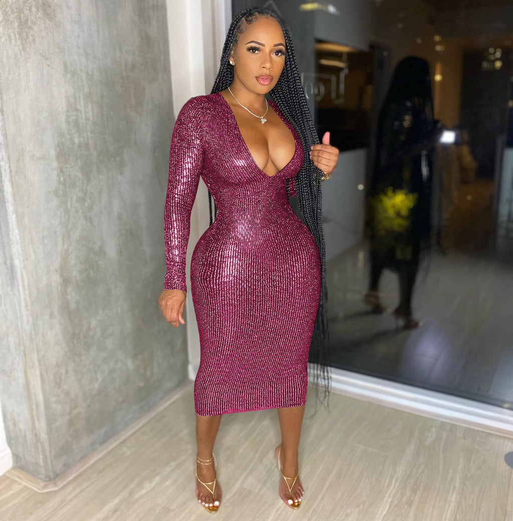 Women's Deep-V Metallic Evening Dress