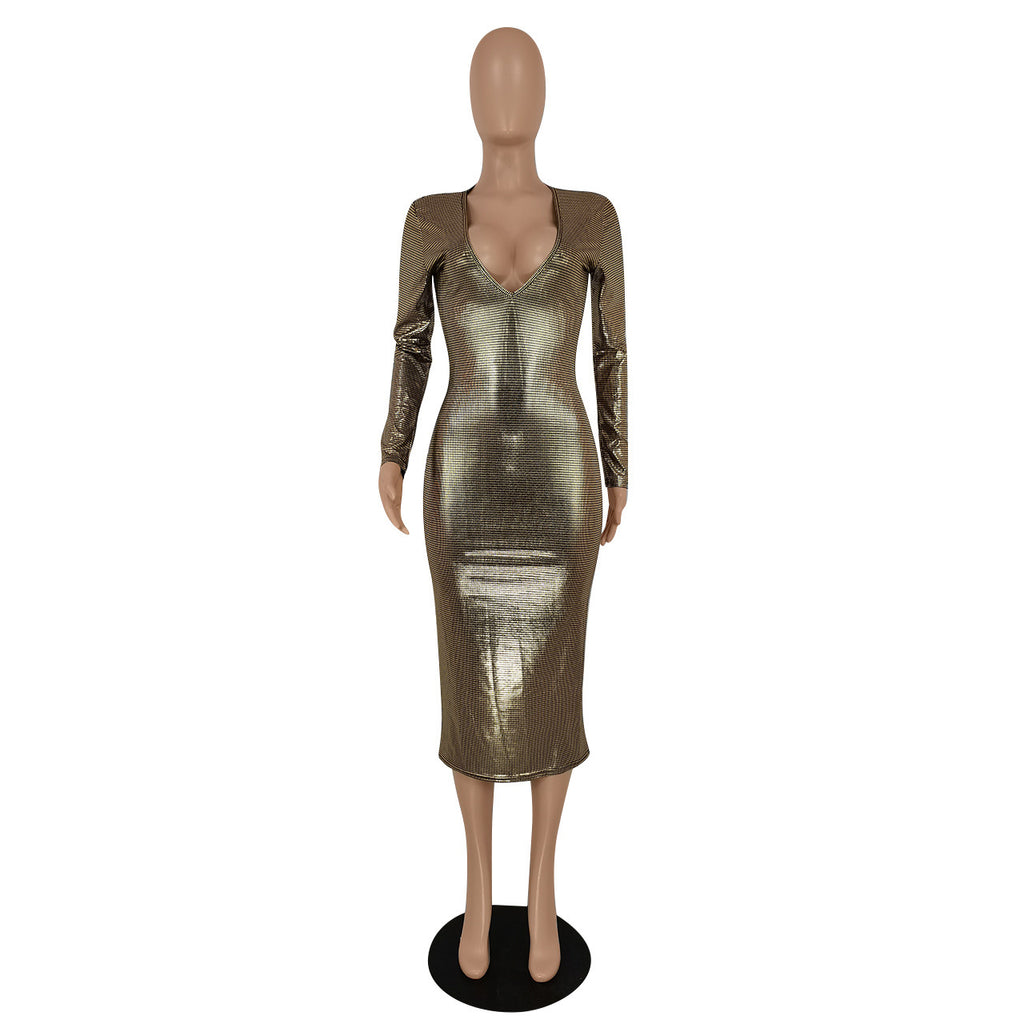Women's Deep-V Metallic Evening Dress