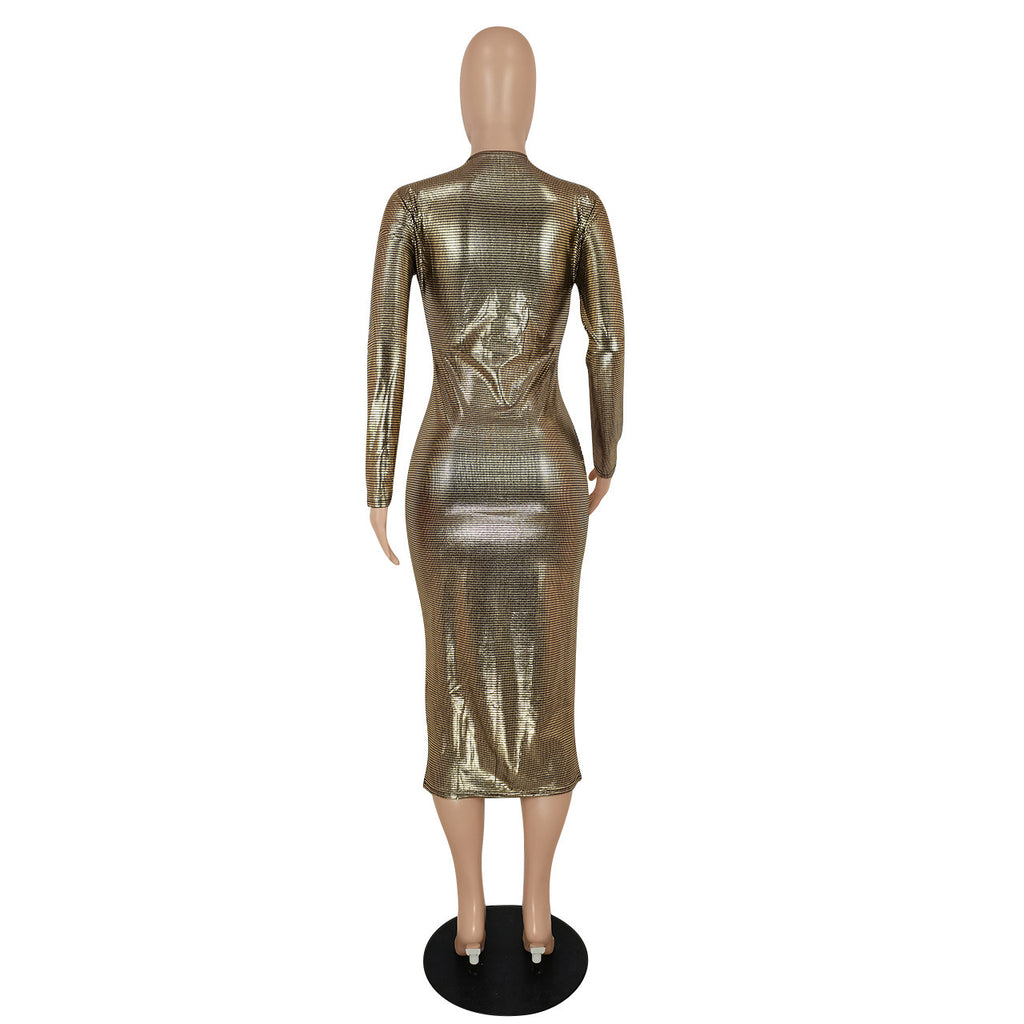 Women's Deep-V Metallic Evening Dress