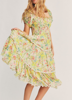Square Collar Short Sleeve High-Waist Tied Stitching Floral Stringy