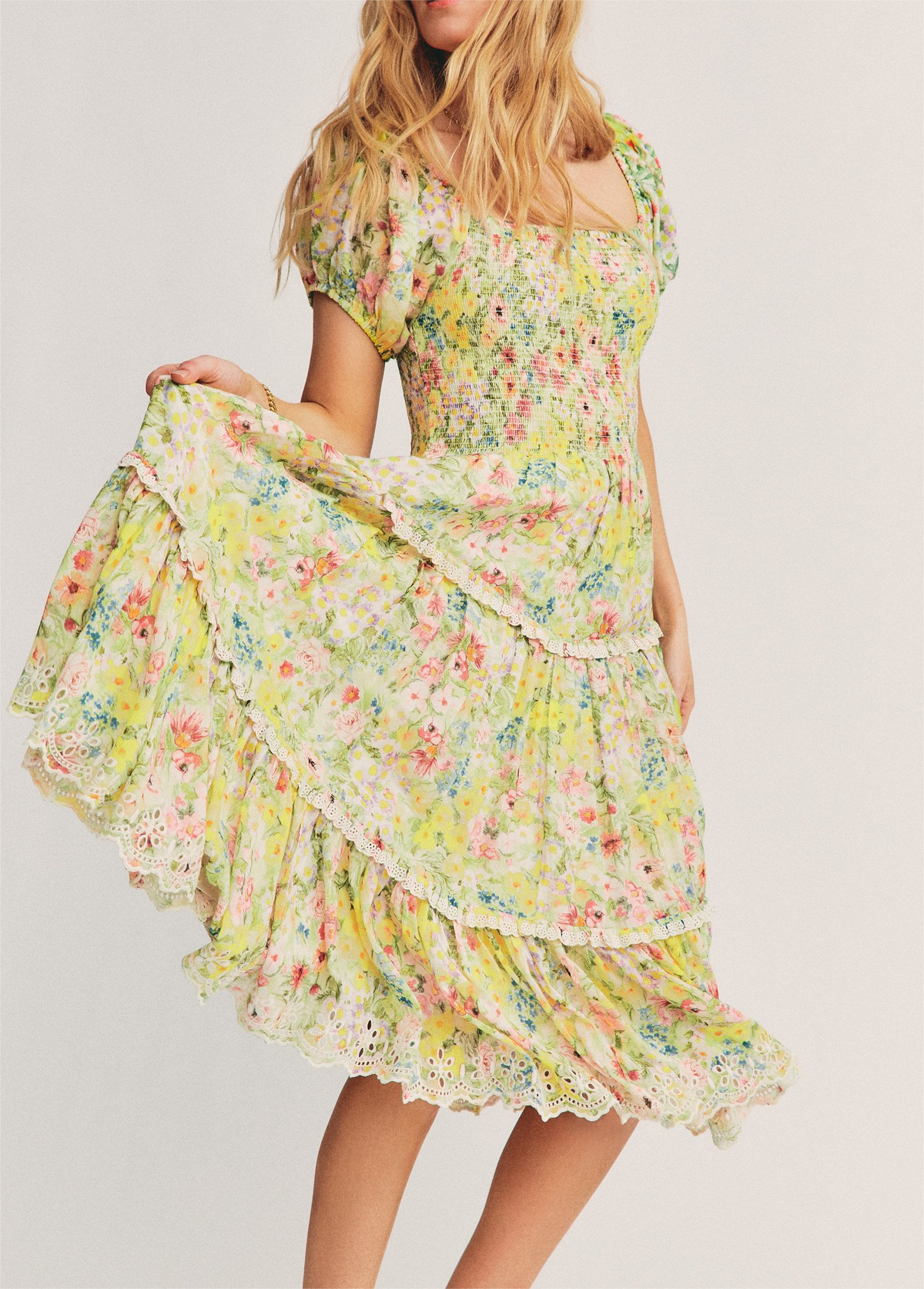 Square Collar Short Sleeve High-Waist Tied Stitching Floral Stringy