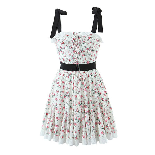 Spring Women Clothing Lace Embroidered Large Swing Small Floral Tie Neck Contrasting Color Dress Short Crisscross