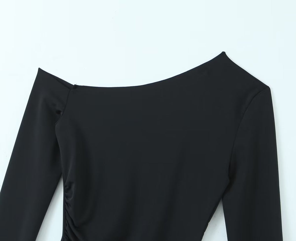 Women’s Black Asymmetric Off Shoulder Ruched Sweater