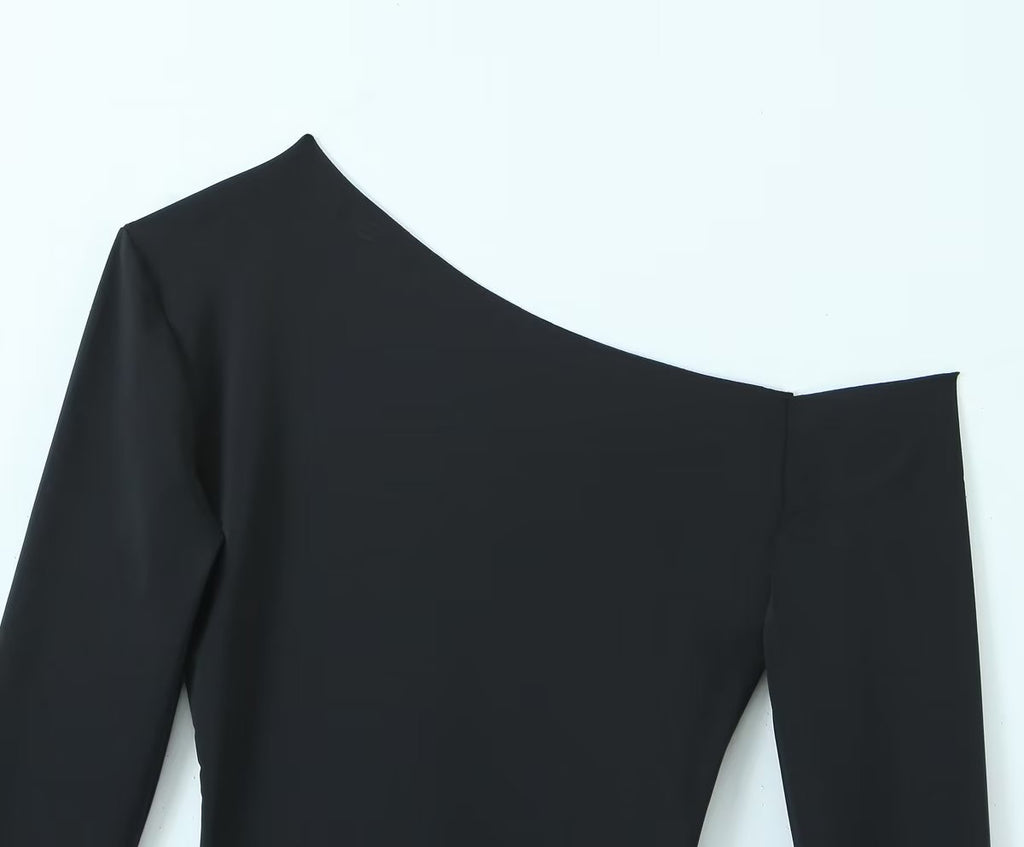 Women’s Black Asymmetric Off Shoulder Ruched Sweater