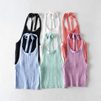 's Lace Up Halterneck Knitted Vest Sling Thread Sunken Stripe Top