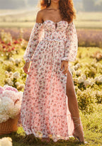 Women's Off-Shoulder Floral Embroidered Split Dress