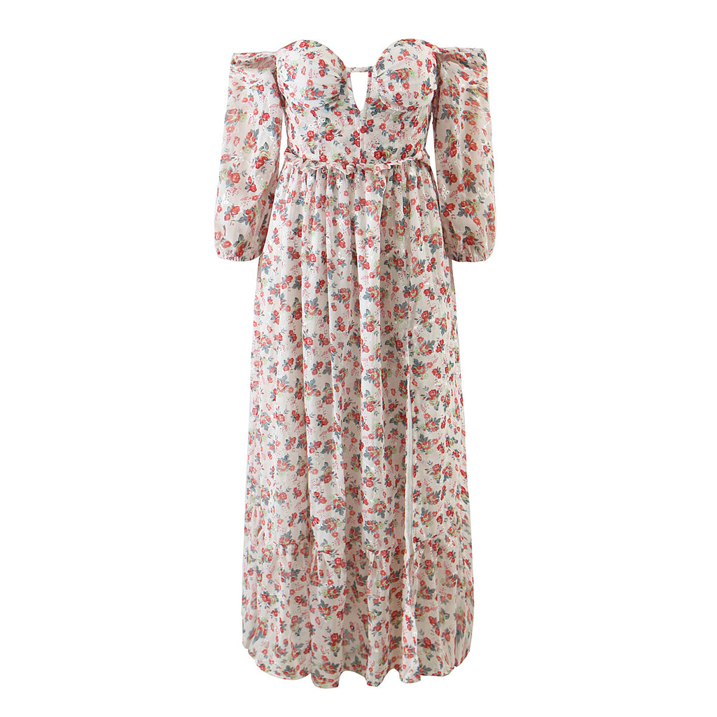 Women's Off-Shoulder Floral Embroidered Split Dress