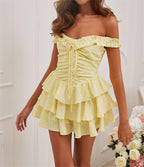 Off-Neck Ruffled Dress Vacation Fresh Printed Short