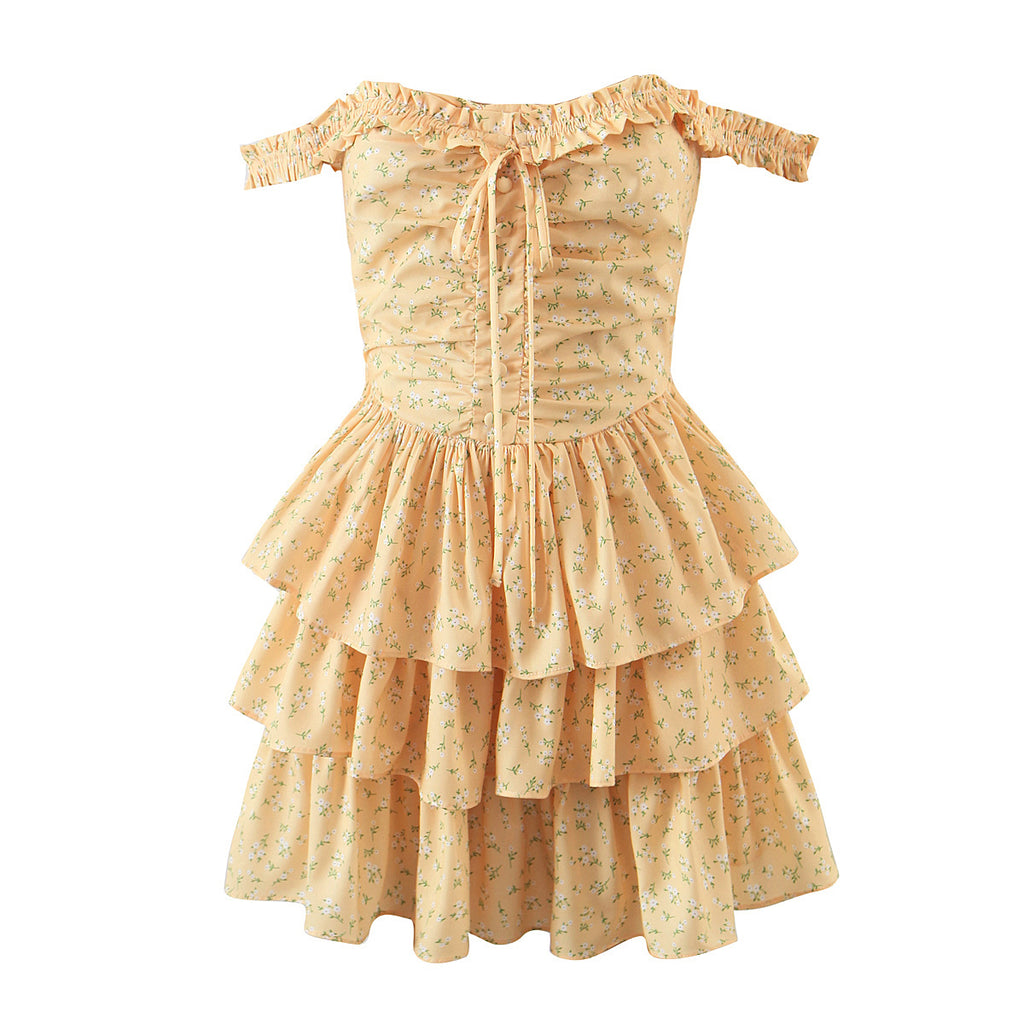 Off-Neck Ruffled Dress Vacation Fresh Printed Short