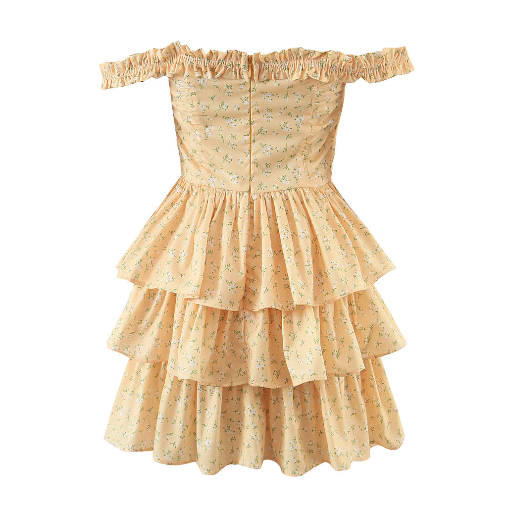 Off-Neck Ruffled Dress Vacation Fresh Printed Short