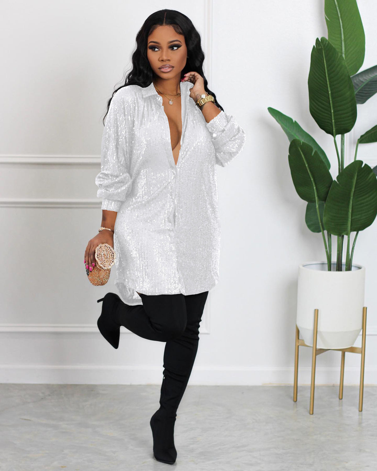 Solid Color Sequ Loose Shirt Dress