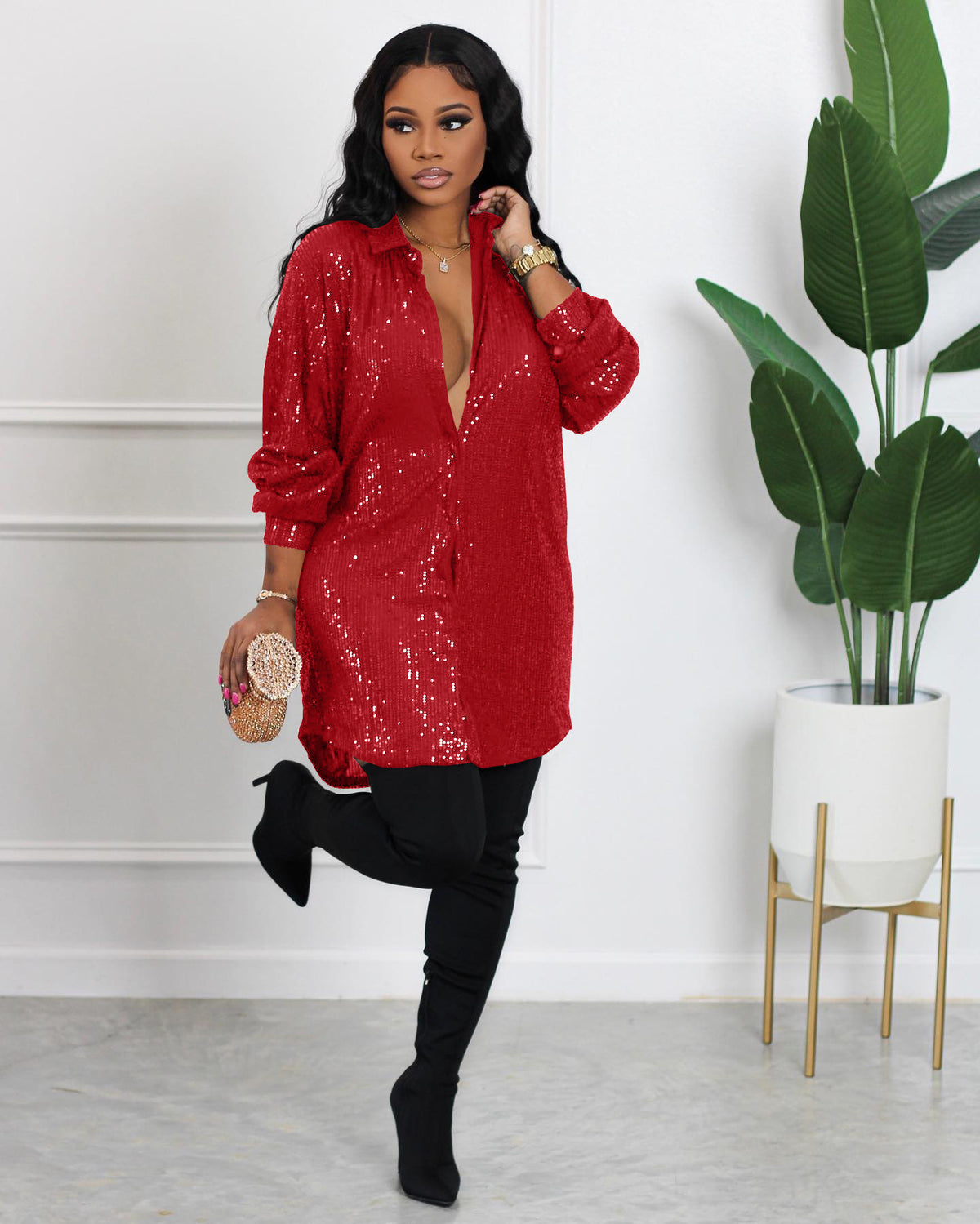 Solid Color Sequ Loose Shirt Dress