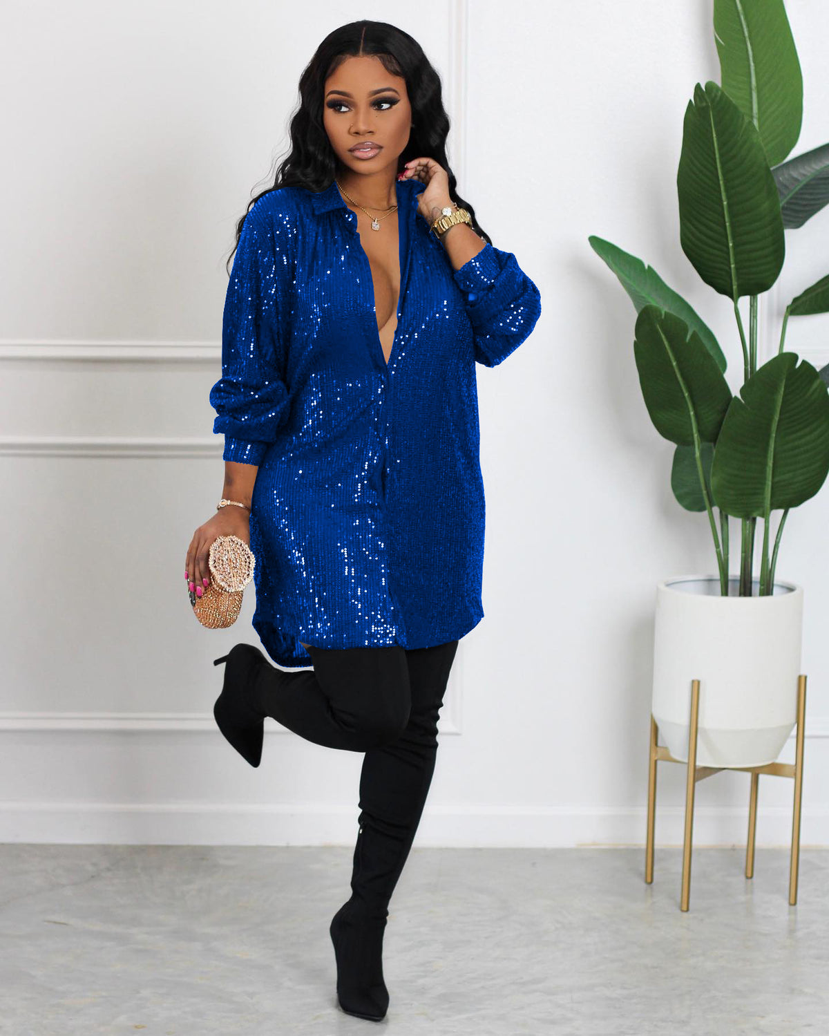 Solid Color Sequ Loose Shirt Dress