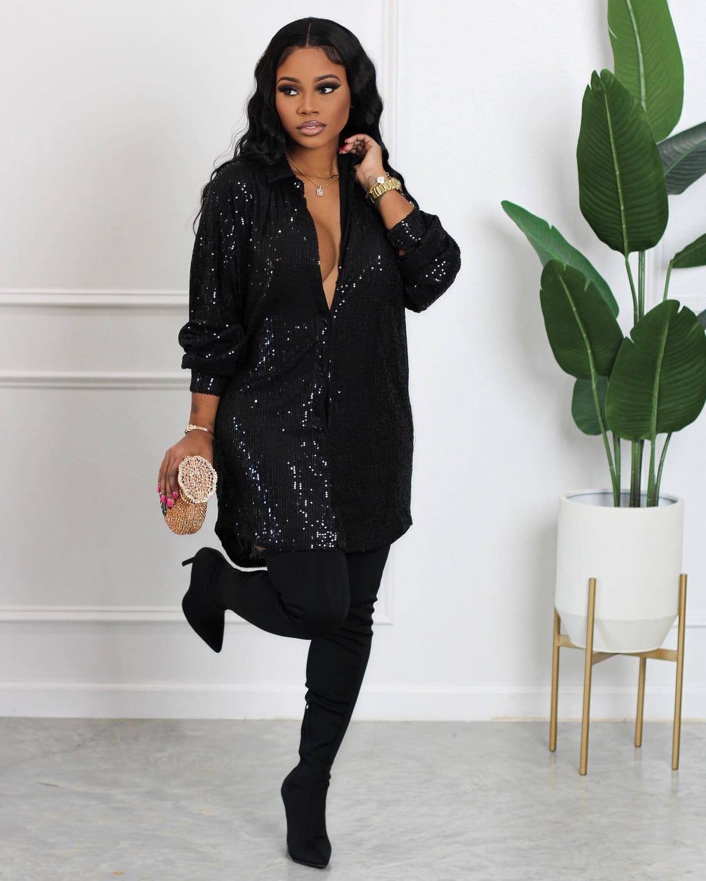 Solid Color Sequ Loose Shirt Dress