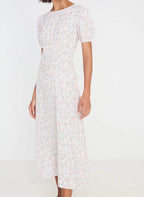 Round-Neck Short-Sleeve High-Waist Mid Length Floral Dress