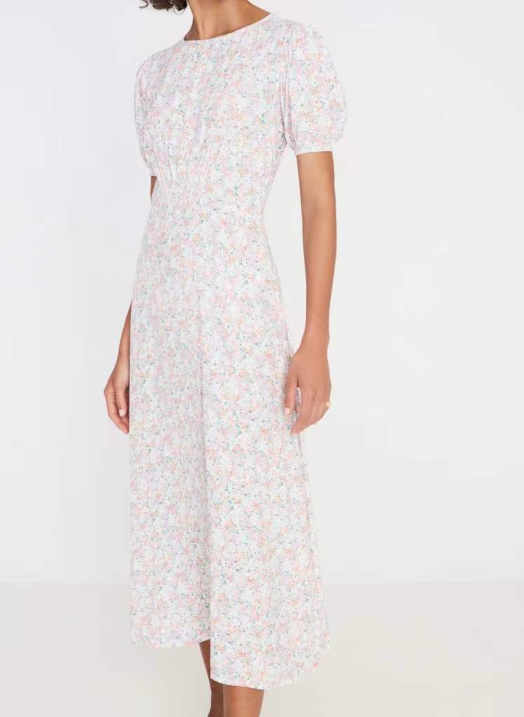 Round-Neck Short-Sleeve High-Waist Mid Length Floral Dress