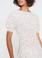 Round-Neck Short-Sleeve High-Waist Mid Length Floral Dress