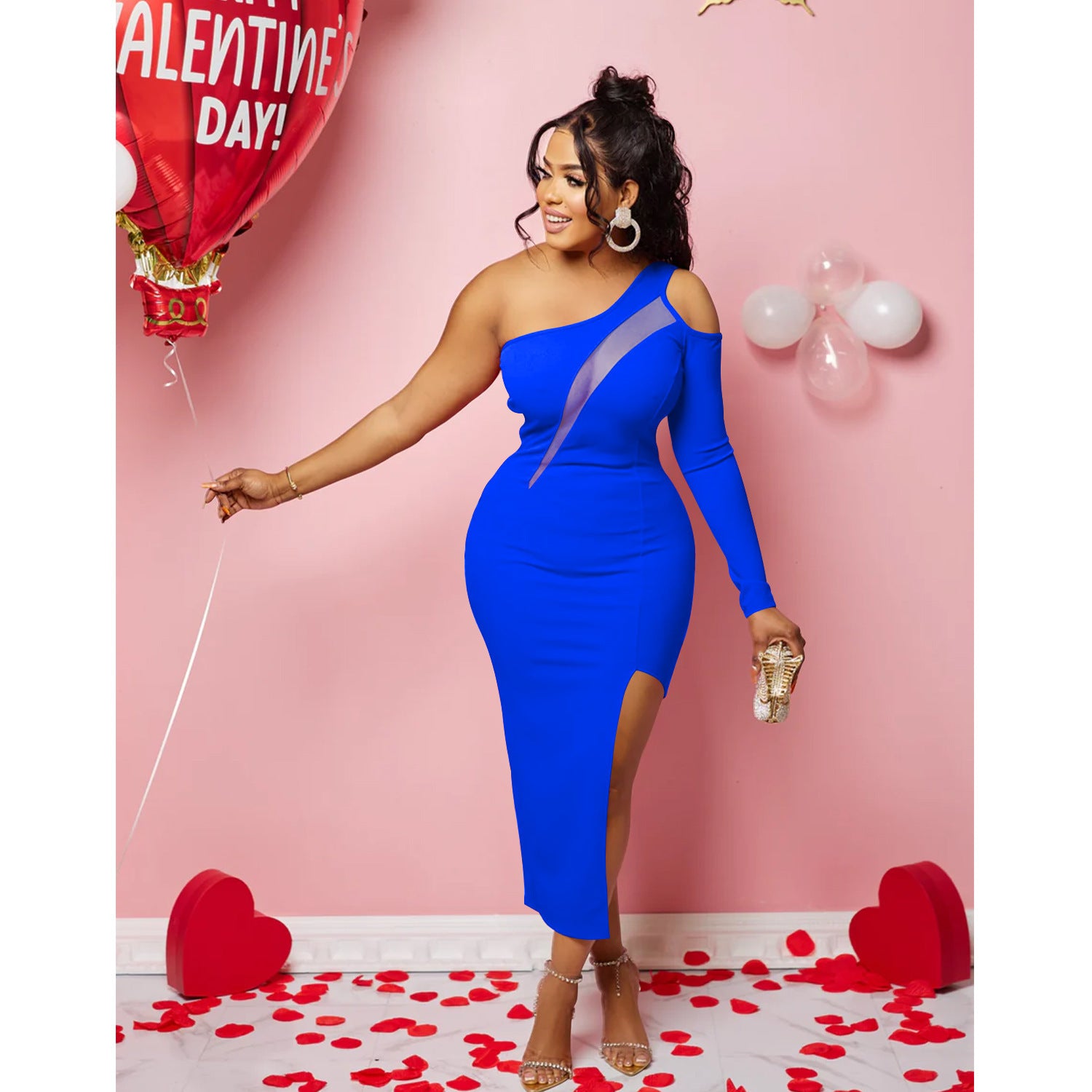 Women's One Shoulder Mesh Long Sleeve Slit Maxi Dress