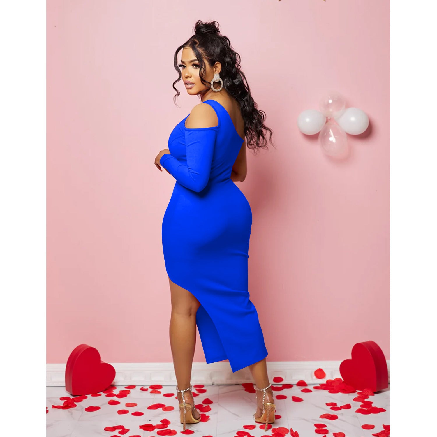 Women's One Shoulder Mesh Long Sleeve Slit Maxi Dress