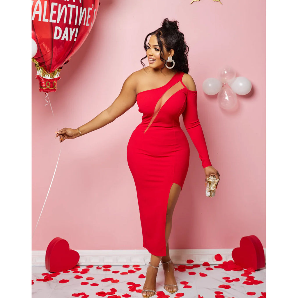 Women's One Shoulder Mesh Long Sleeve Slit Maxi Dress