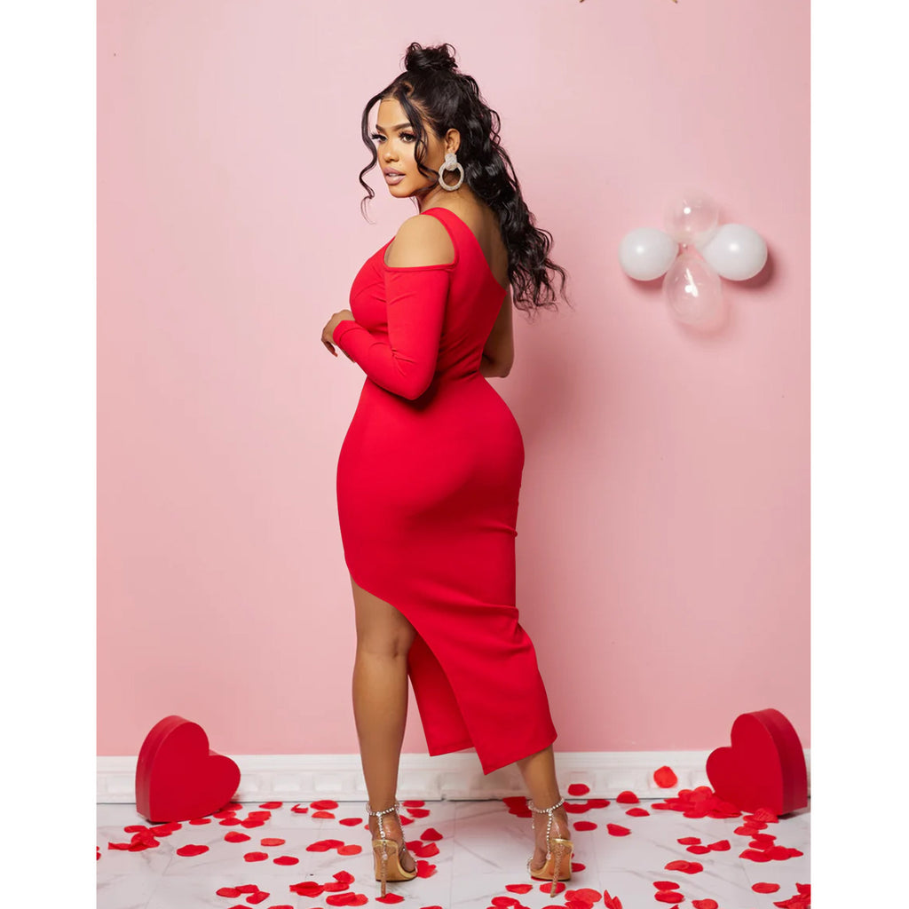 Women's One Shoulder Mesh Long Sleeve Slit Maxi Dress