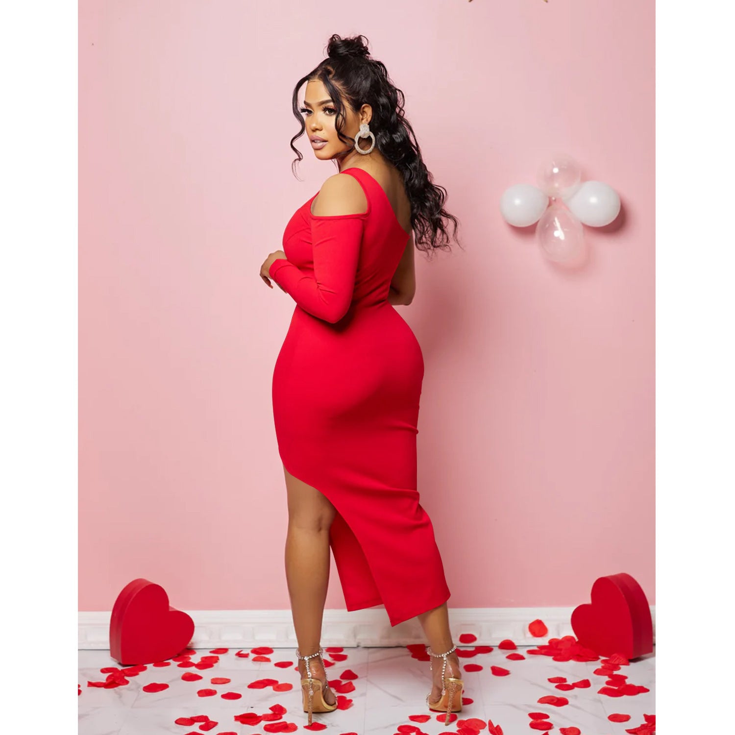 Women's One Shoulder Mesh Long Sleeve Slit Maxi Dress
