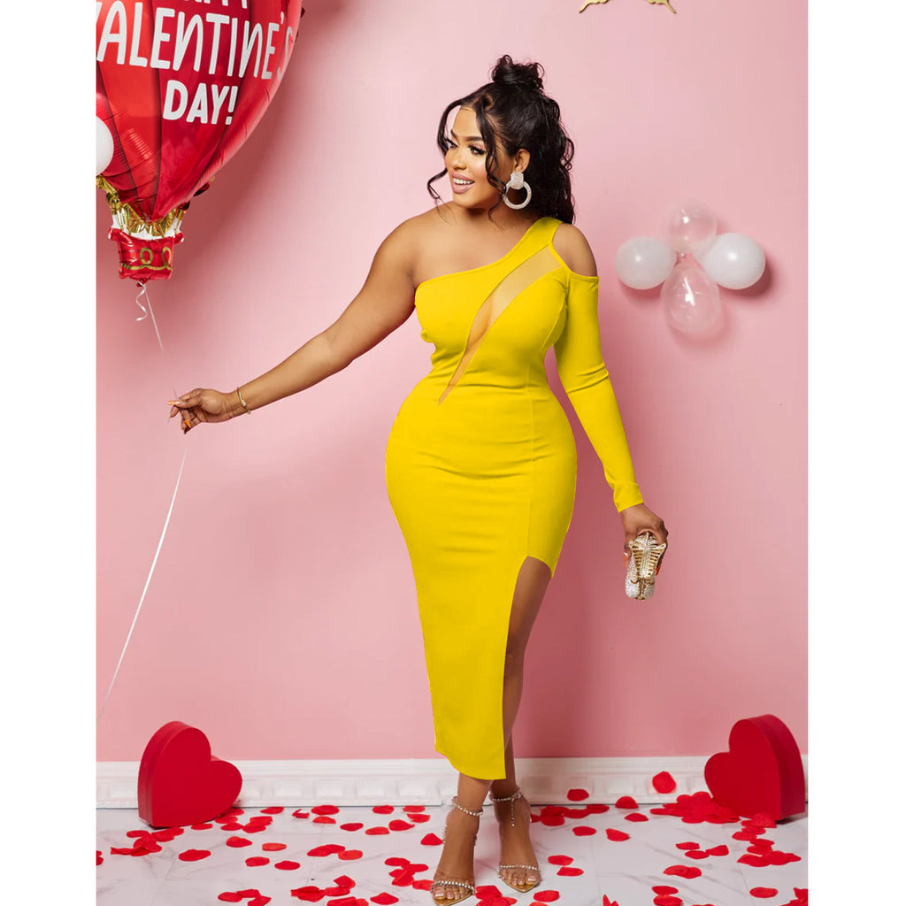 Women's One Shoulder Mesh Long Sleeve Slit Maxi Dress