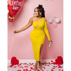 Women's One Shoulder Mesh Long Sleeve Slit Maxi Dress