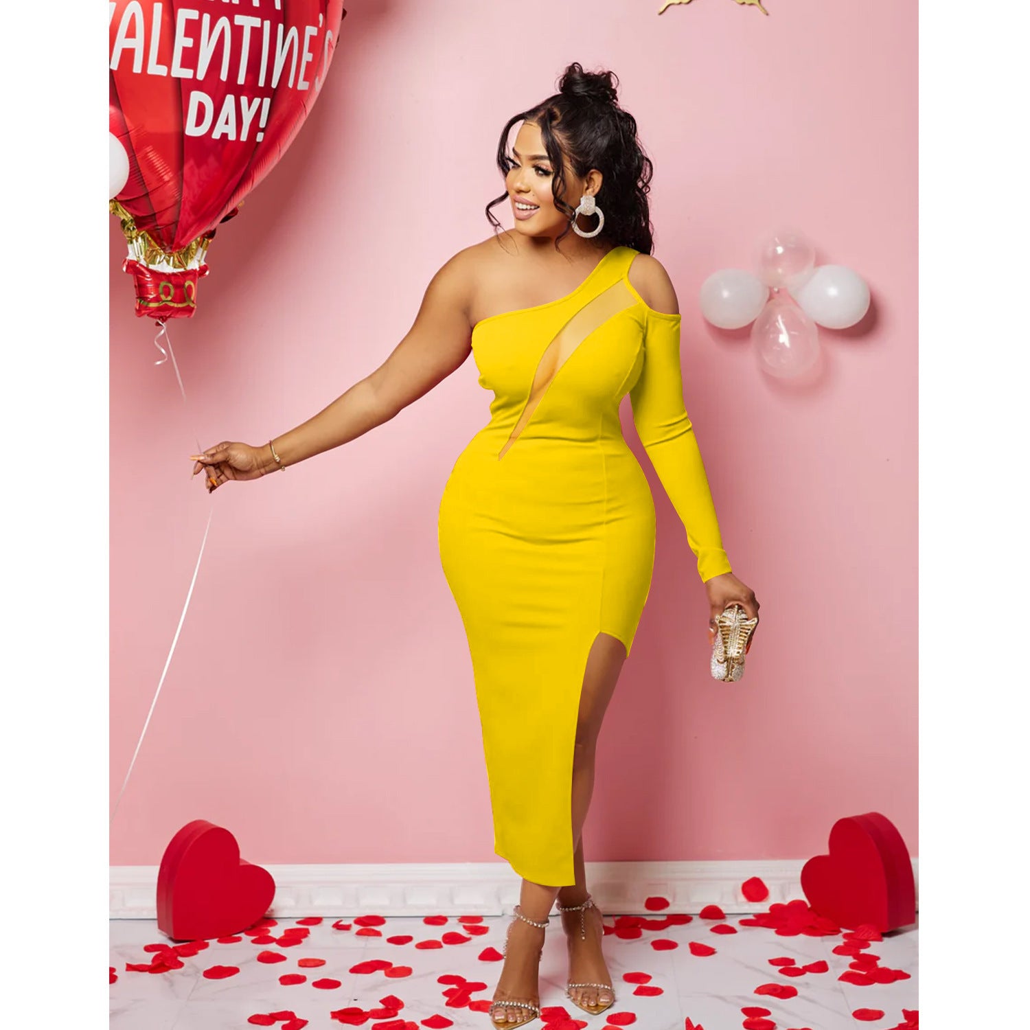 Women's One Shoulder Mesh Long Sleeve Slit Maxi Dress