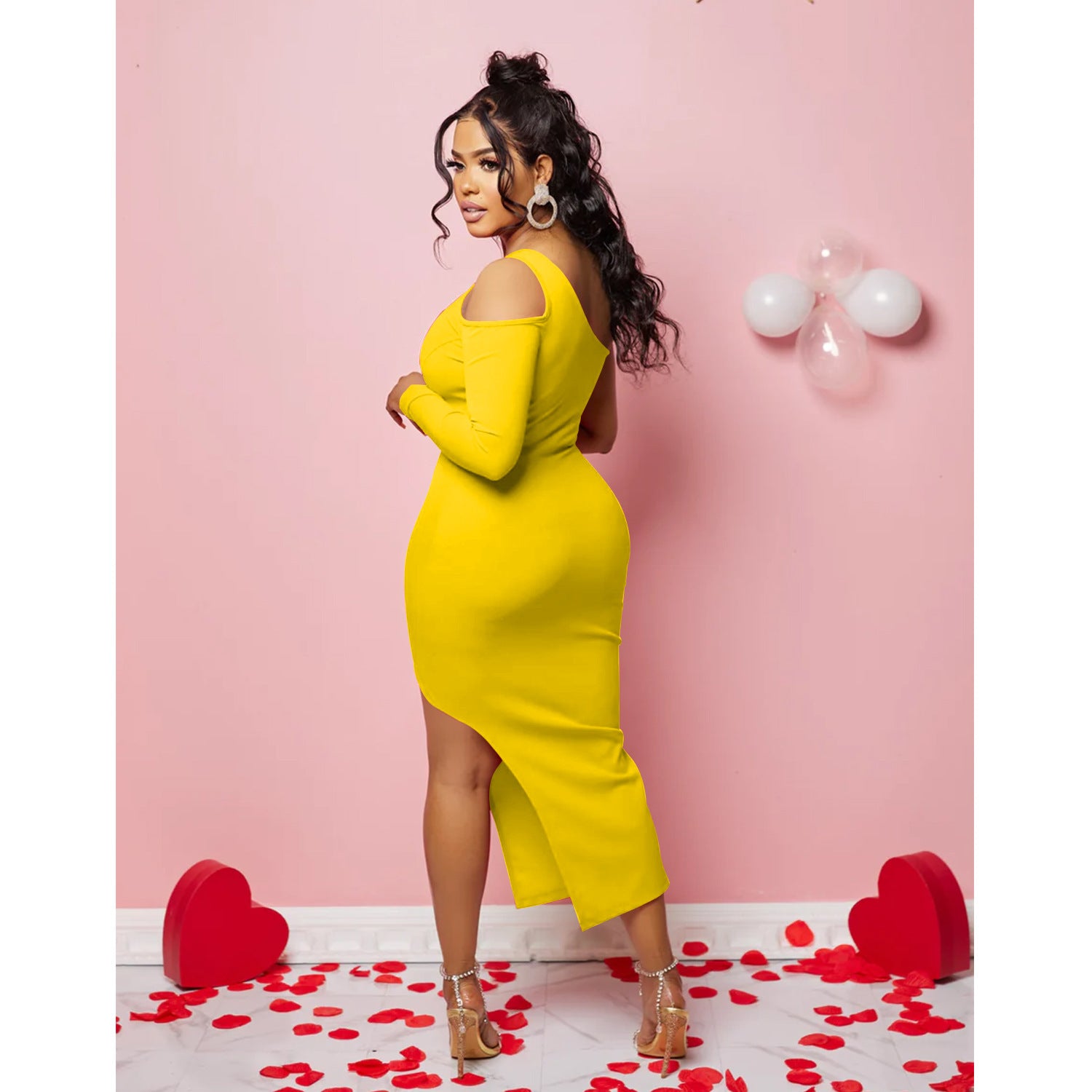 Women's One Shoulder Mesh Long Sleeve Slit Maxi Dress