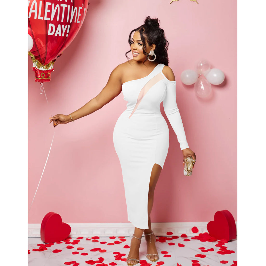 Women's One Shoulder Mesh Long Sleeve Slit Maxi Dress