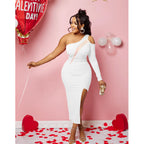 Women's One Shoulder Mesh Long Sleeve Slit Maxi Dress