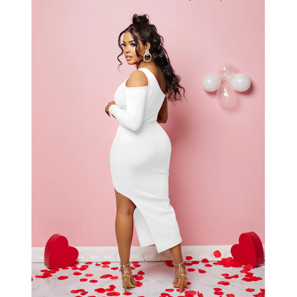 Women's One Shoulder Mesh Long Sleeve Slit Maxi Dress