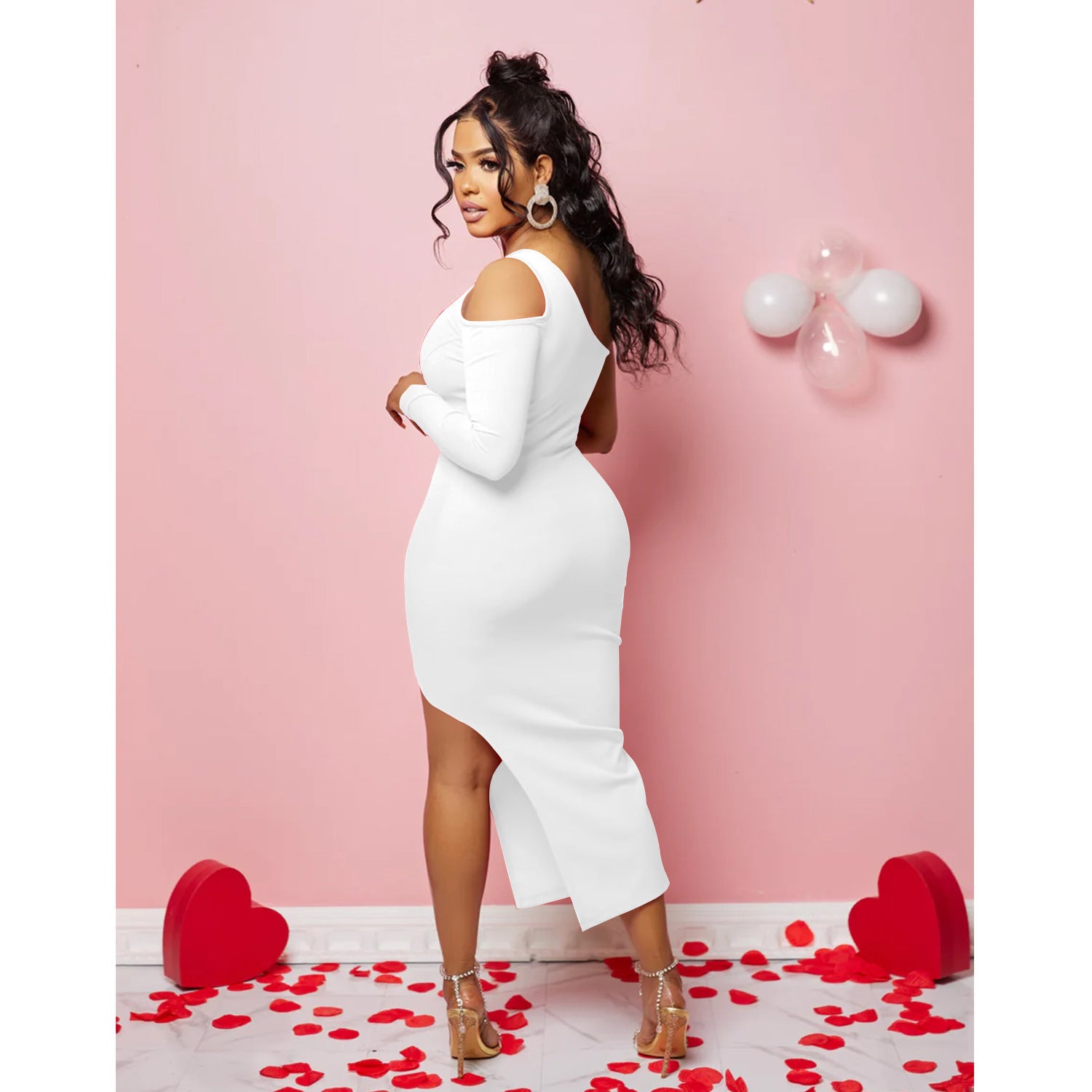 Women's One Shoulder Mesh Long Sleeve Slit Maxi Dress