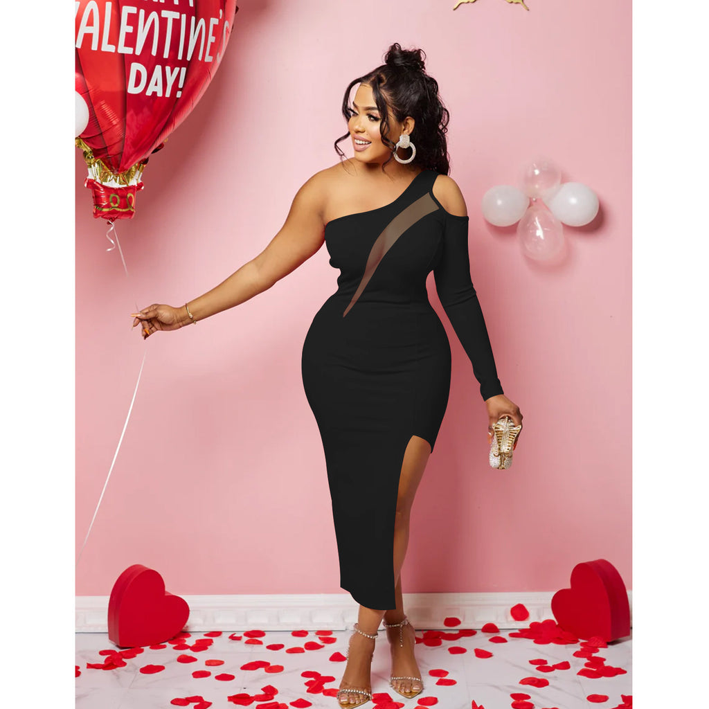 Women's One Shoulder Mesh Long Sleeve Slit Maxi Dress