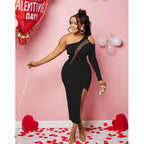 Women's One Shoulder Mesh Long Sleeve Slit Maxi Dress