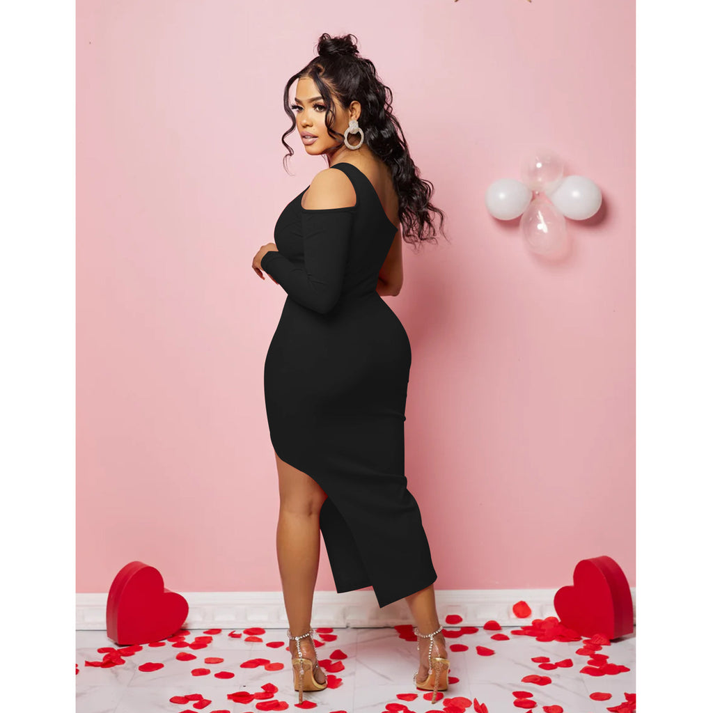 Women's One Shoulder Mesh Long Sleeve Slit Maxi Dress