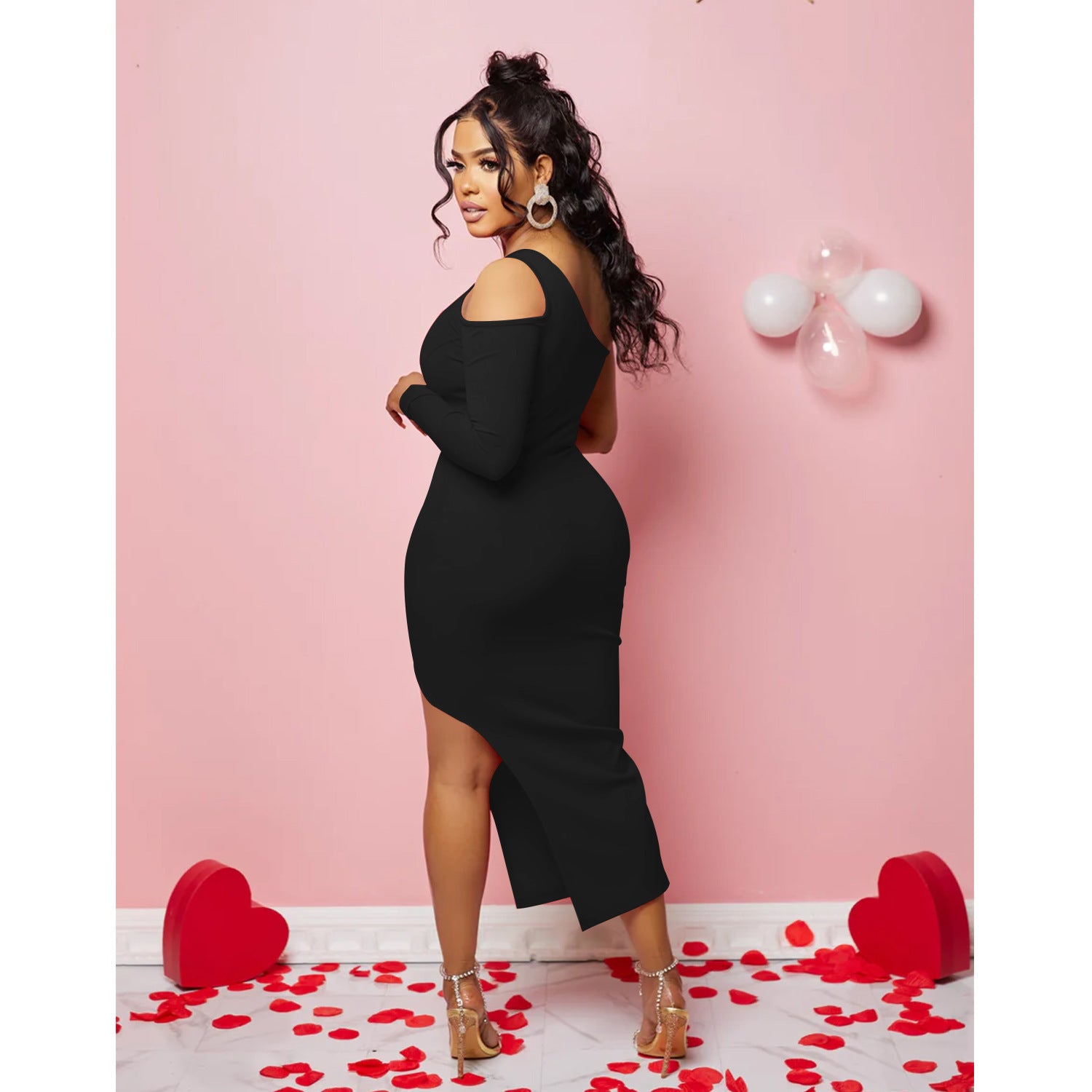 Women's One Shoulder Mesh Long Sleeve Slit Maxi Dress