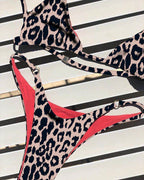 Leopard-print three-point bikini one-piece swimwear with red piping and tie straps