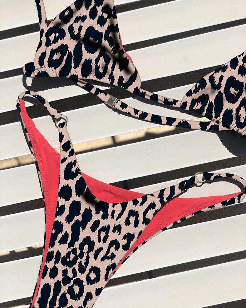 Leopard-print three-point bikini one-piece swimwear with red piping and tie straps