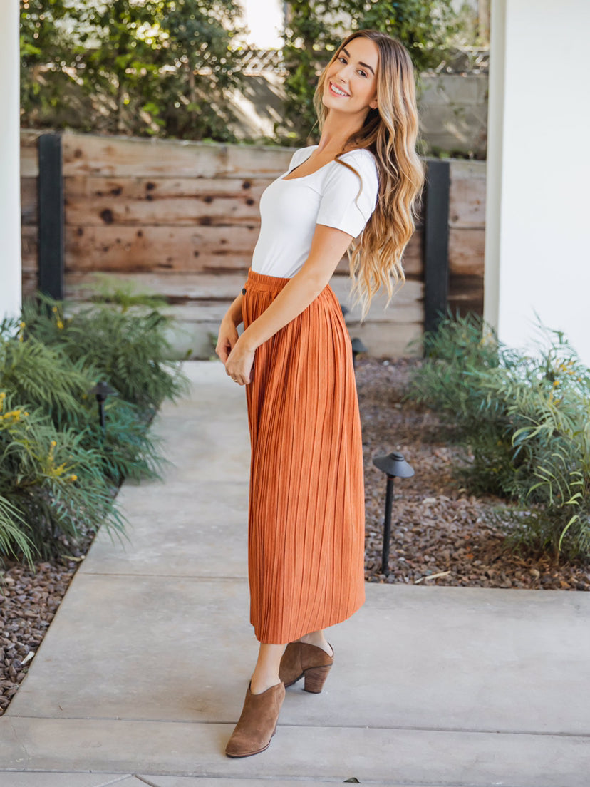Spring Summer Elastic Waist Pleated Front Buckle Skirt