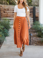 Spring Summer Elastic Waist Pleated Front Buckle Skirt