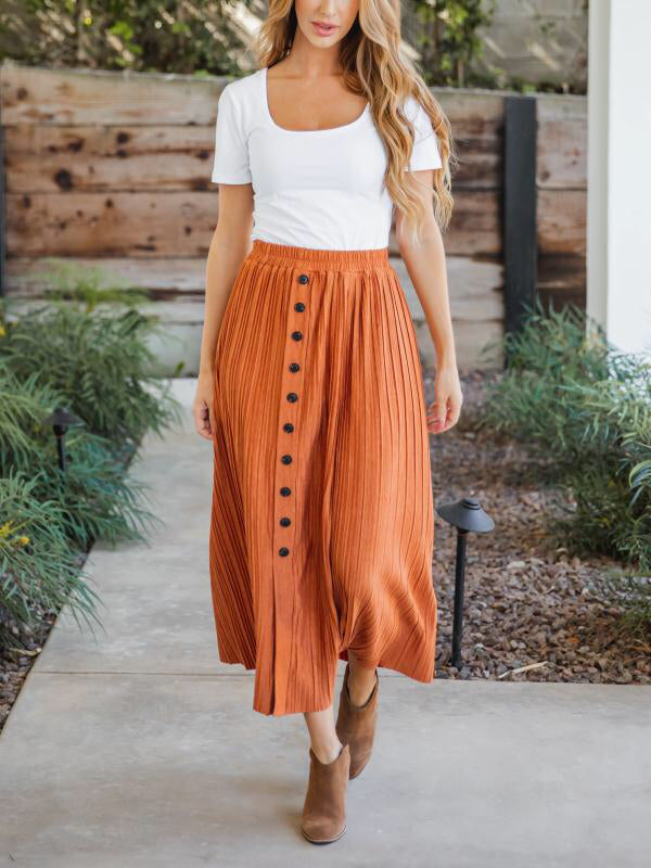 Spring Summer Elastic Waist Pleated Front Buckle Skirt
