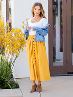 Spring Summer Elastic Waist Pleated Front Buckle Skirt