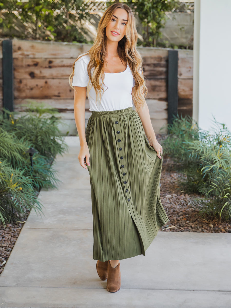 Spring Summer Elastic Waist Pleated Front Buckle Skirt