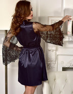 Sexy Lingerie Lace See through Long Sleeve Imitation Ice Silk Robe