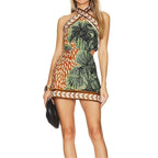 Women's Summer Printed Hollow Out Cutout Backless Cross Halterneck Cinched Bodycon Sheath Dress