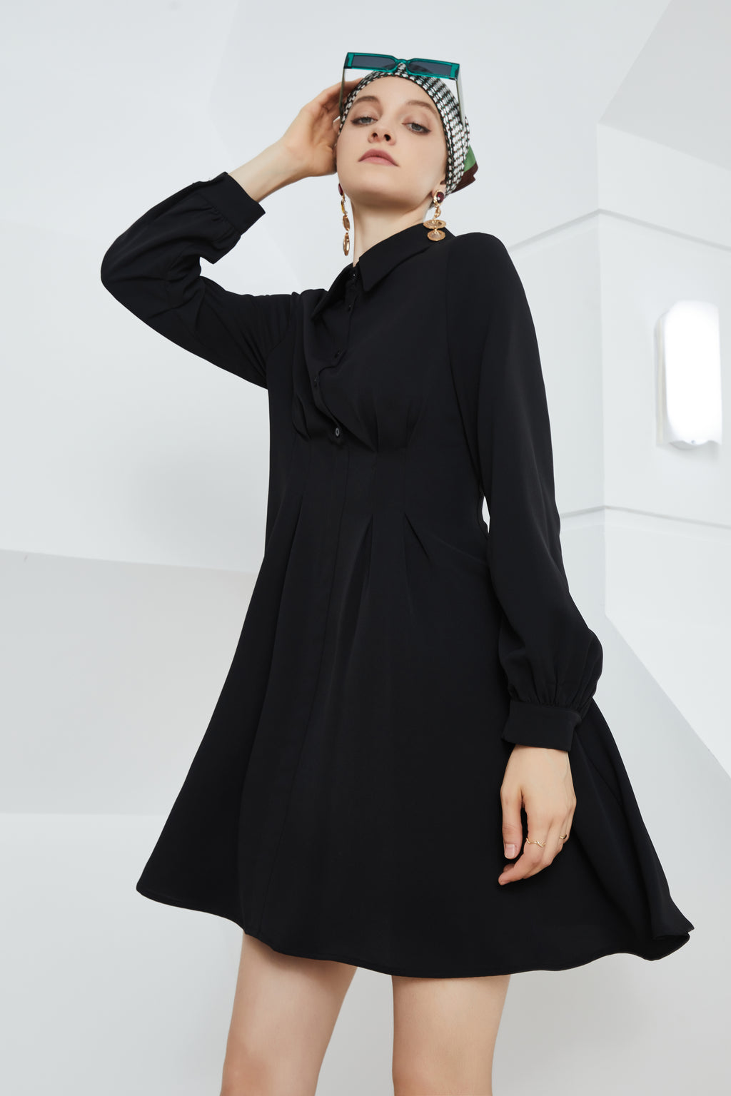 Women's Collared A Line With Button Detail Dress