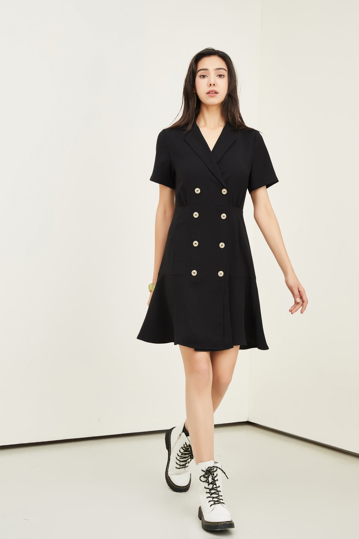 Women's Button-Front Collared Waist-Defined Dress